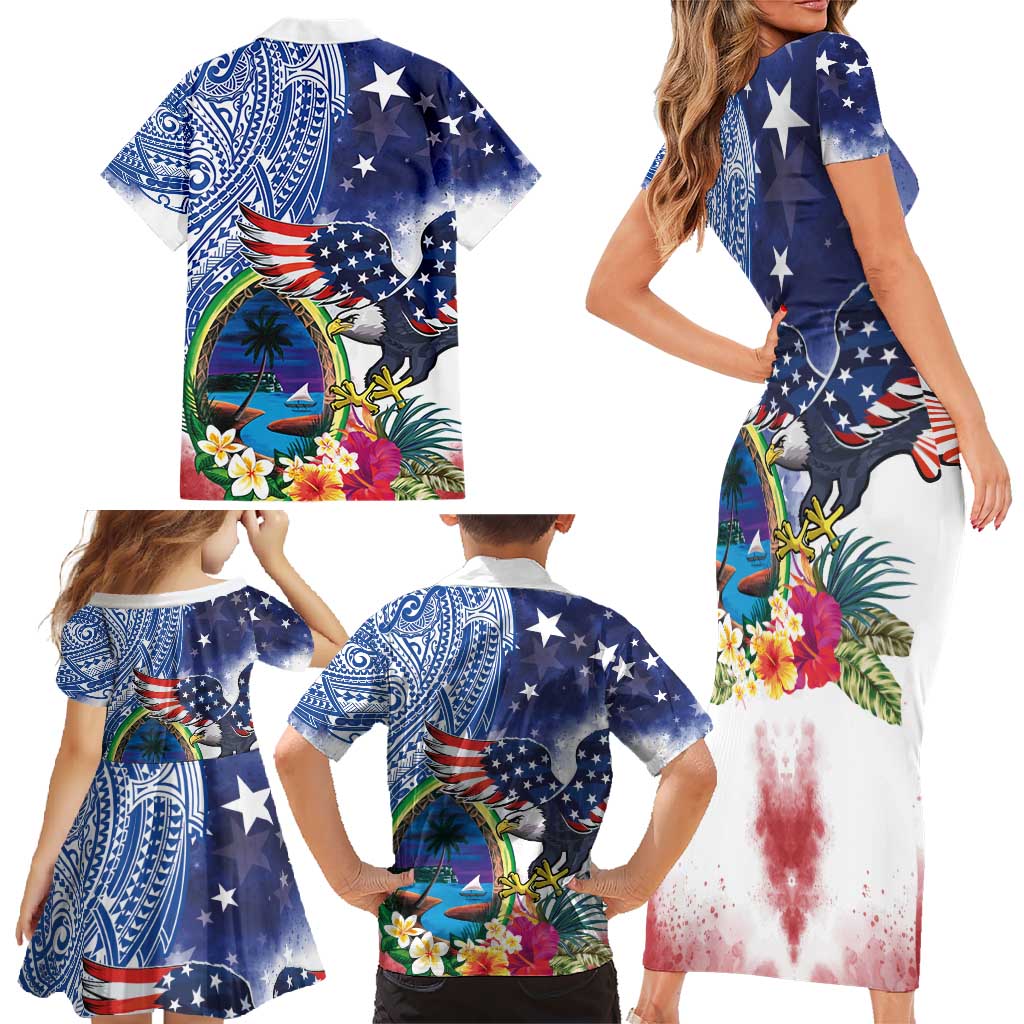 Guam and United States Together Family Matching Short Sleeve Bodycon Dress and Hawaiian Shirt Bald Eagle and Guam Seal with Flower and Tribal Tattoos - Wonder Print Shop