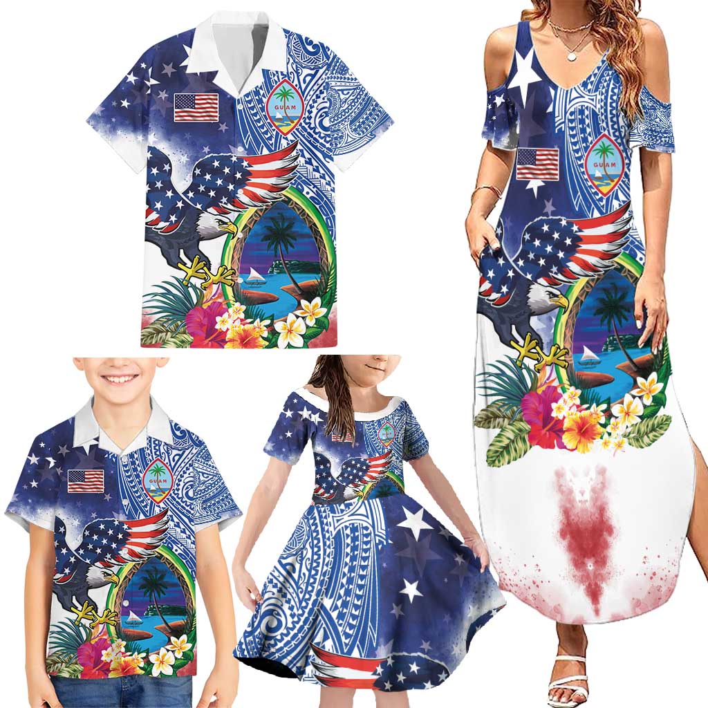 Guam and United States Together Family Matching Summer Maxi Dress and Hawaiian Shirt Bald Eagle and Guam Seal with Flower and Tribal Tattoos - Wonder Print Shop