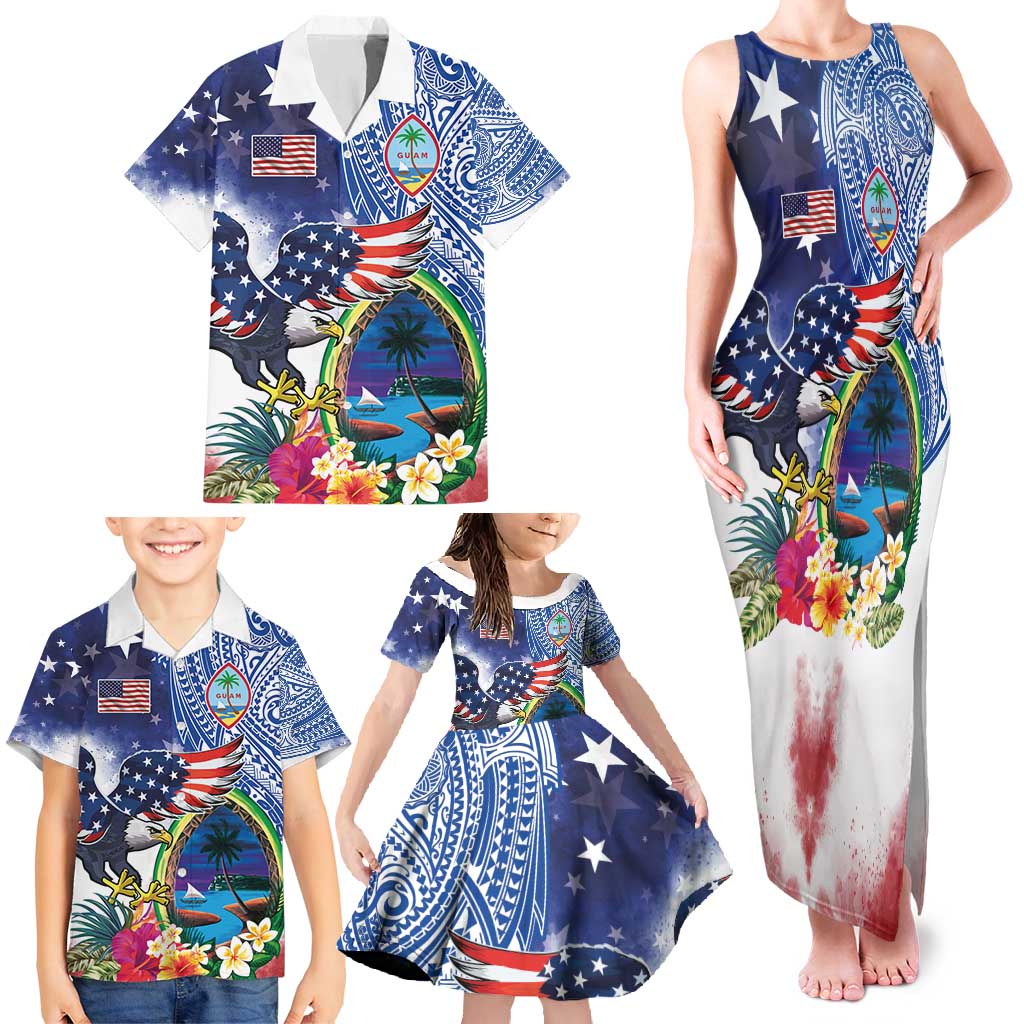 Guam and United States Together Family Matching Tank Maxi Dress and Hawaiian Shirt Bald Eagle and Guam Seal with Flower and Tribal Tattoos - Wonder Print Shop