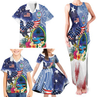 Guam and United States Together Family Matching Tank Maxi Dress and Hawaiian Shirt Bald Eagle and Guam Seal with Flower and Tribal Tattoos - Wonder Print Shop