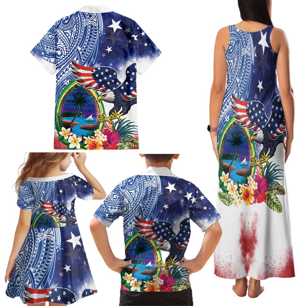 Guam and United States Together Family Matching Tank Maxi Dress and Hawaiian Shirt Bald Eagle and Guam Seal with Flower and Tribal Tattoos - Wonder Print Shop