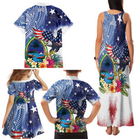 Guam and United States Together Family Matching Tank Maxi Dress and Hawaiian Shirt Bald Eagle and Guam Seal with Flower and Tribal Tattoos - Wonder Print Shop