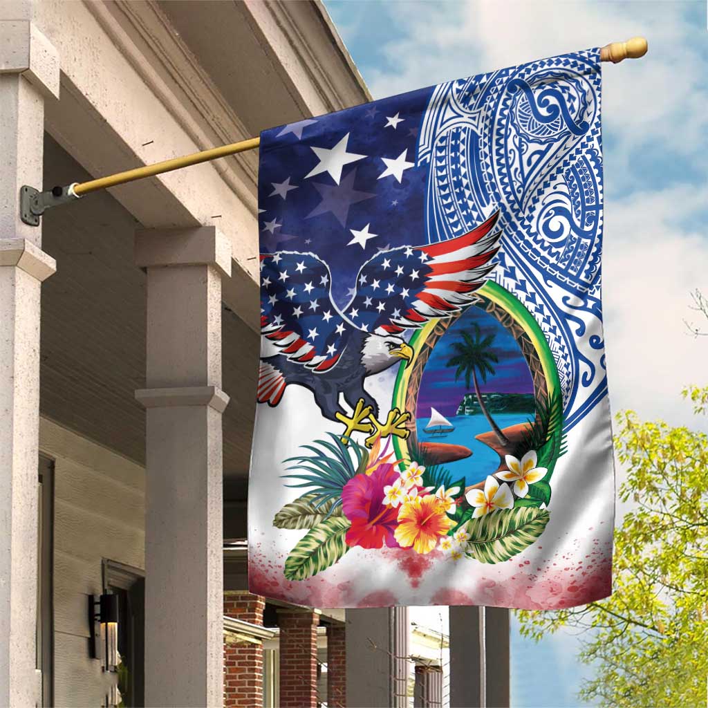 Guam and United States Together Garden Flag Bald Eagle and Guam Seal with Flower and Tribal Tattoos - Wonder Print Shop