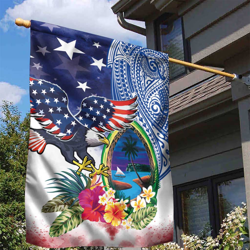 Guam and United States Together Garden Flag Bald Eagle and Guam Seal with Flower and Tribal Tattoos - Wonder Print Shop