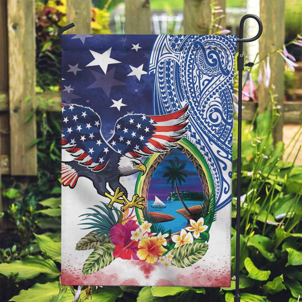 Guam and United States Together Garden Flag Bald Eagle and Guam Seal with Flower and Tribal Tattoos - Wonder Print Shop