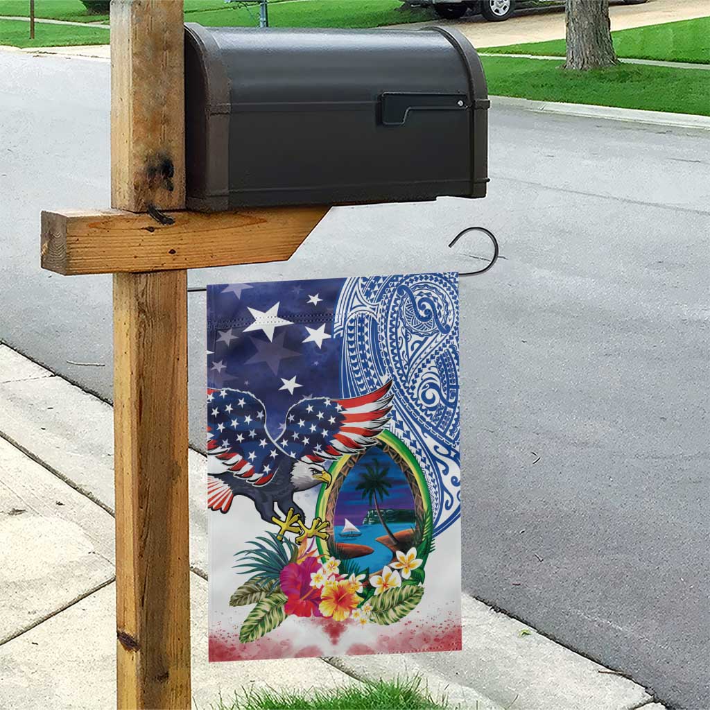 Guam and United States Together Garden Flag Bald Eagle and Guam Seal with Flower and Tribal Tattoos - Wonder Print Shop