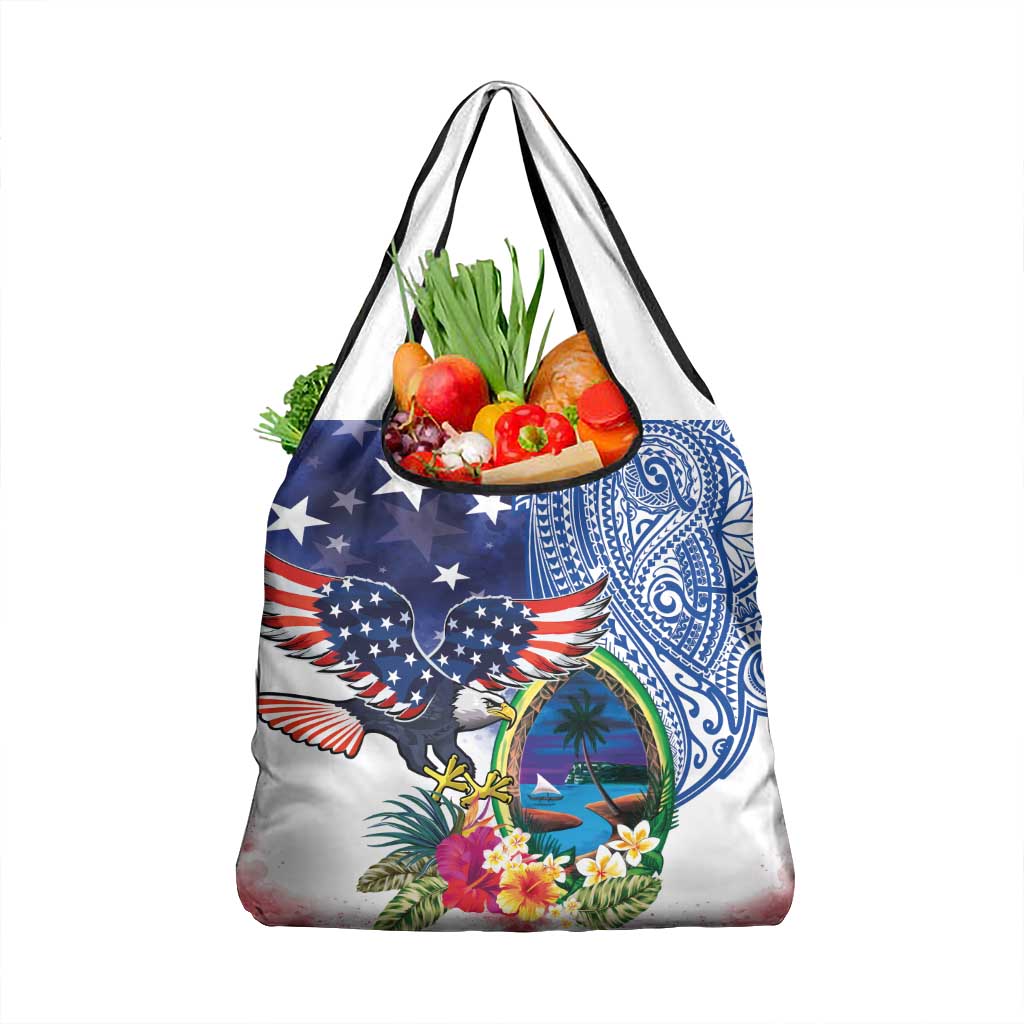 Guam and United States Together Grocery Bag Bald Eagle and Guam Seal with Flower and Tribal Tattoos - Wonder Print Shop