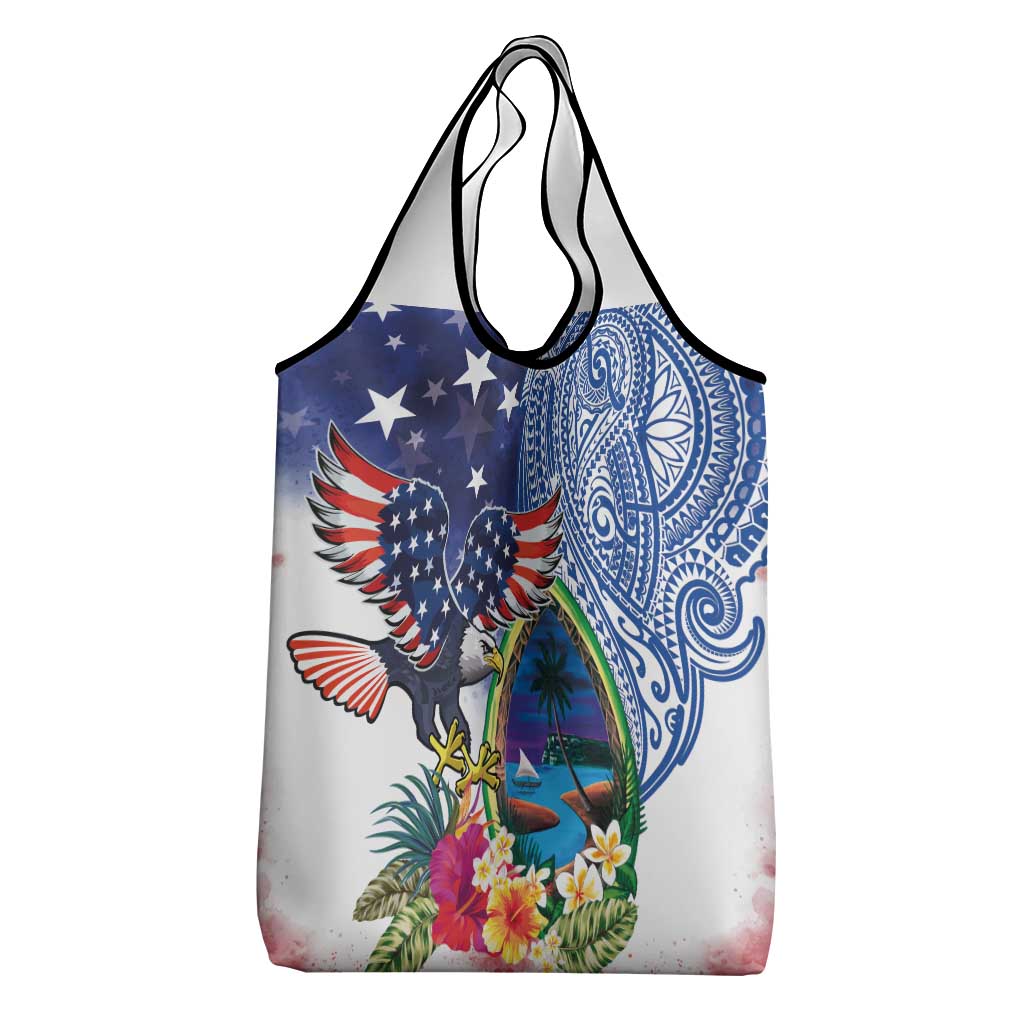 Guam and United States Together Grocery Bag Bald Eagle and Guam Seal with Flower and Tribal Tattoos - Wonder Print Shop