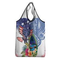 Guam and United States Together Grocery Bag Bald Eagle and Guam Seal with Flower and Tribal Tattoos - Wonder Print Shop