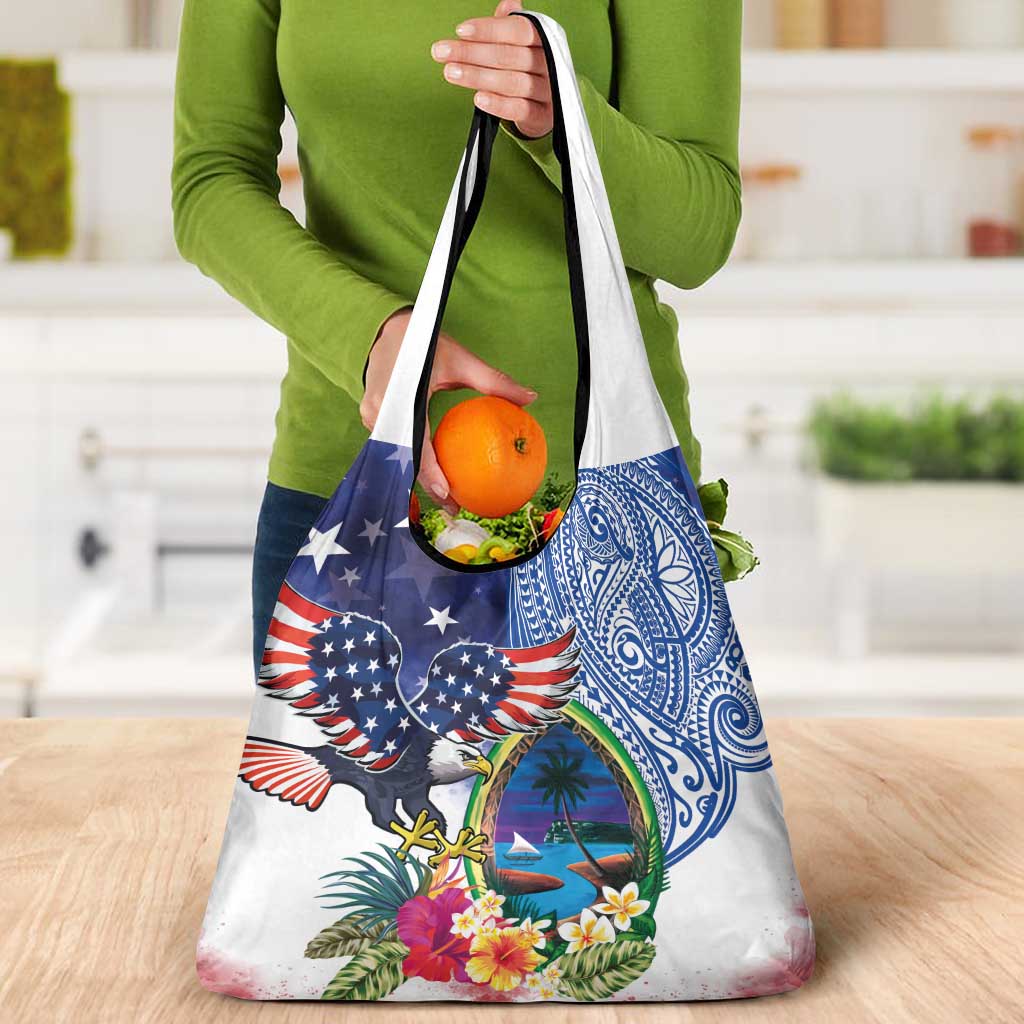 Guam and United States Together Grocery Bag Bald Eagle and Guam Seal with Flower and Tribal Tattoos - Wonder Print Shop
