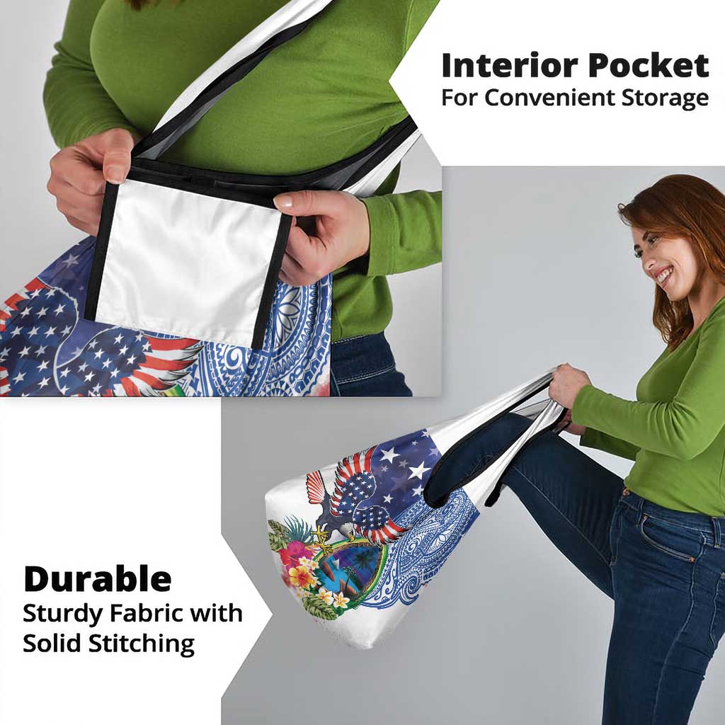 Guam and United States Together Grocery Bag Bald Eagle and Guam Seal with Flower and Tribal Tattoos - Wonder Print Shop