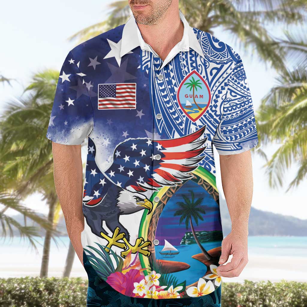 Guam and United States Together Hawaiian Shirt Bald Eagle and Guam Seal with Flower and Tribal Tattoos - Wonder Print Shop