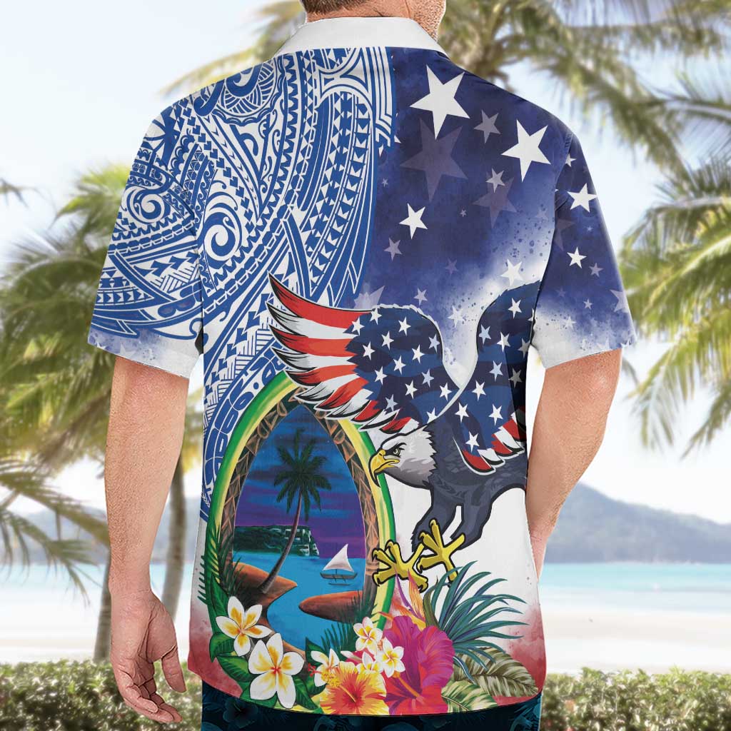 Guam and United States Together Hawaiian Shirt Bald Eagle and Guam Seal with Flower and Tribal Tattoos - Wonder Print Shop