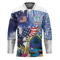 Guam and United States Together Hockey Jersey Bald Eagle and Guam Seal with Flower and Tribal Tattoos - Wonder Print Shop