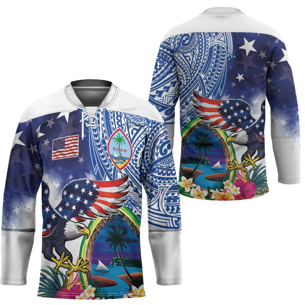 Guam and United States Together Hockey Jersey Bald Eagle and Guam Seal with Flower and Tribal Tattoos - Wonder Print Shop
