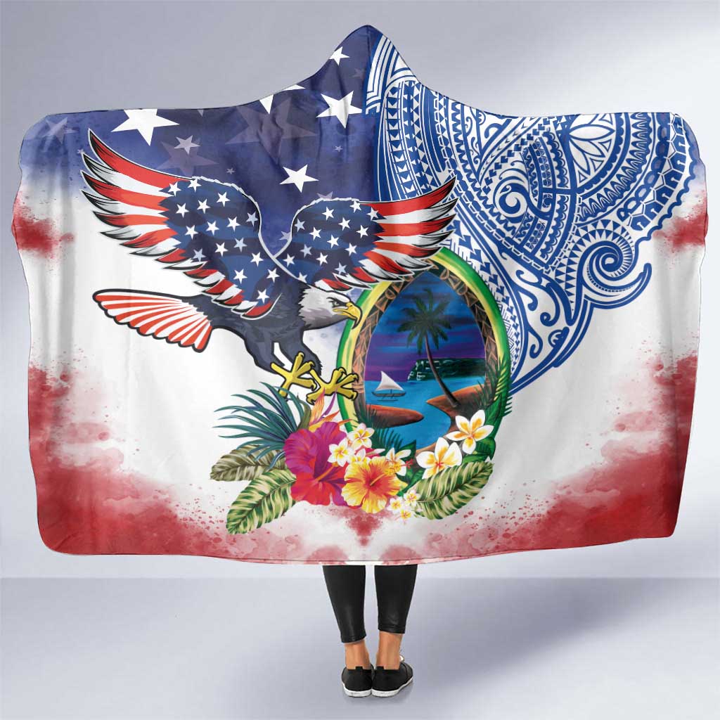 Guam and United States Together Hooded Blanket Bald Eagle and Guam Seal with Flower and Tribal Tattoos - Wonder Print Shop