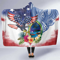 Guam and United States Together Hooded Blanket Bald Eagle and Guam Seal with Flower and Tribal Tattoos - Wonder Print Shop