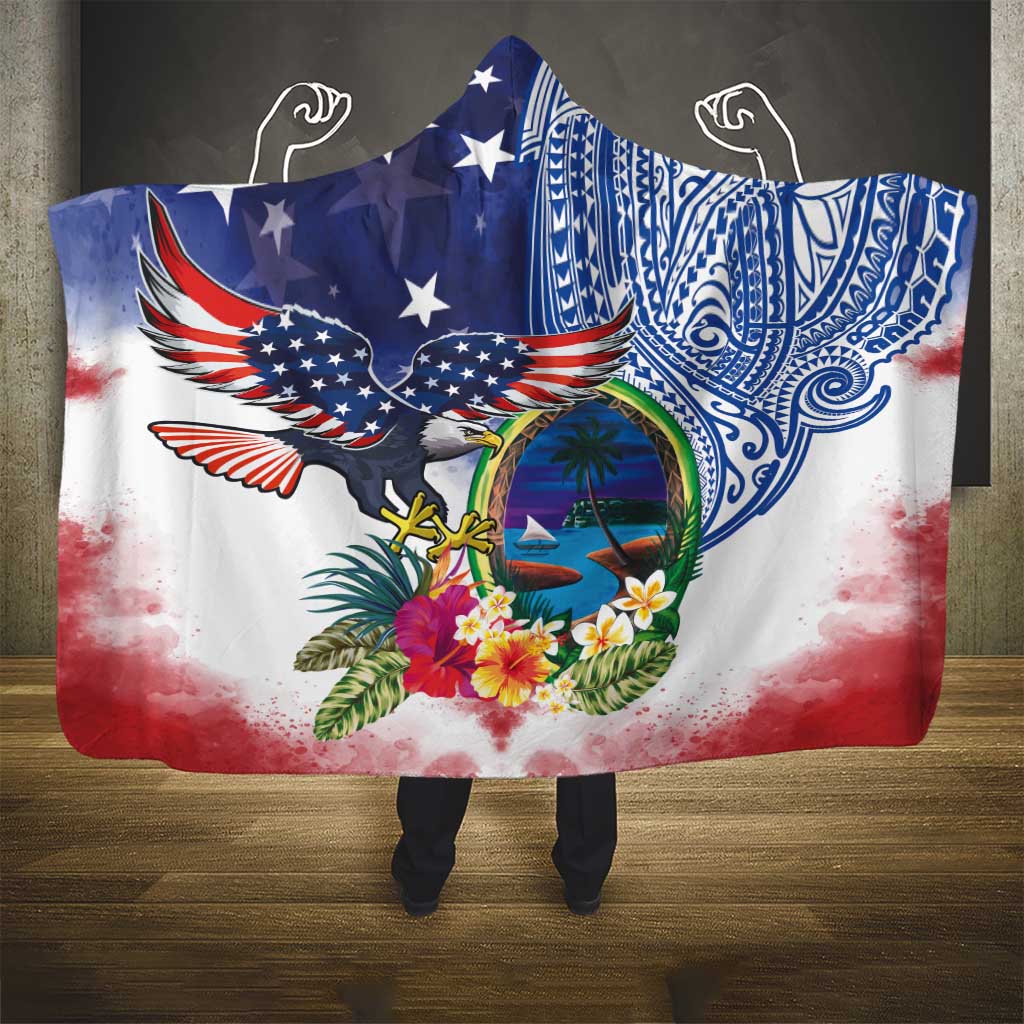 Guam and United States Together Hooded Blanket Bald Eagle and Guam Seal with Flower and Tribal Tattoos - Wonder Print Shop