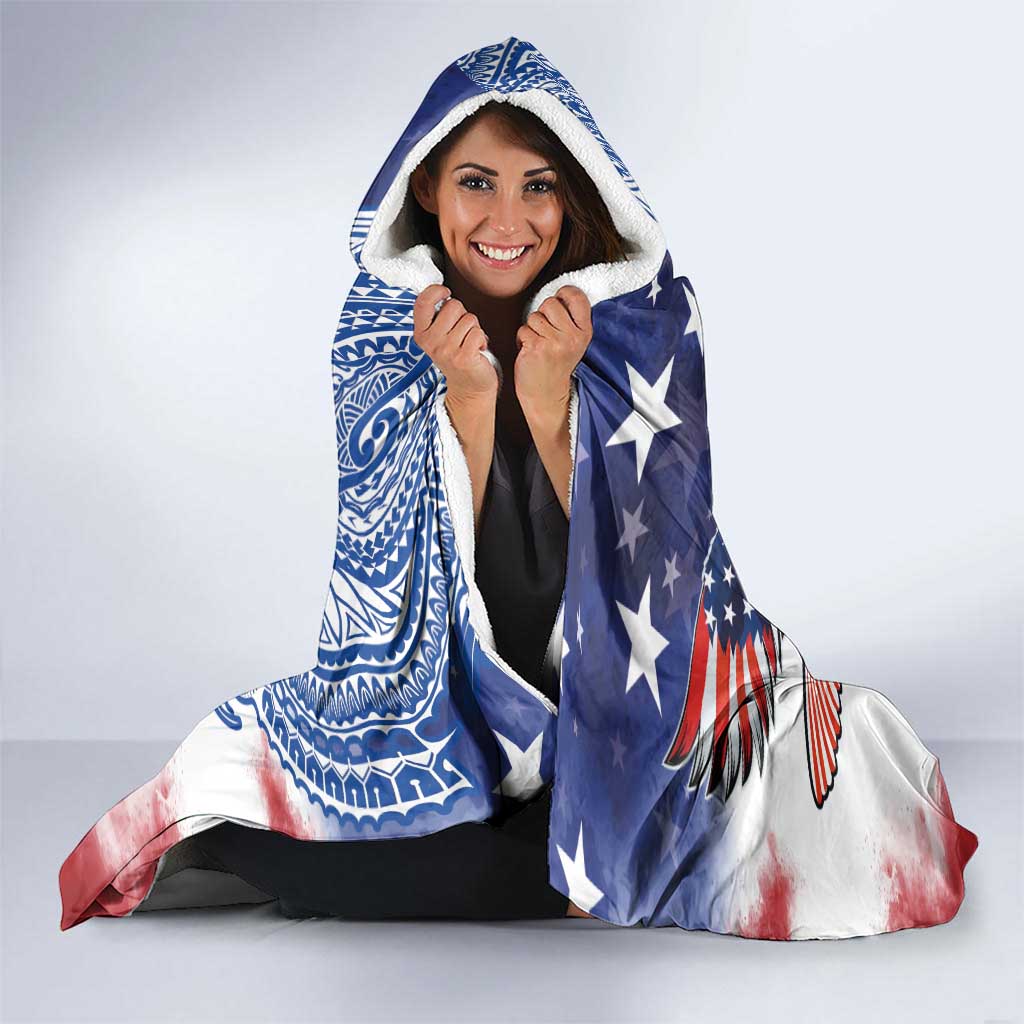 Guam and United States Together Hooded Blanket Bald Eagle and Guam Seal with Flower and Tribal Tattoos - Wonder Print Shop