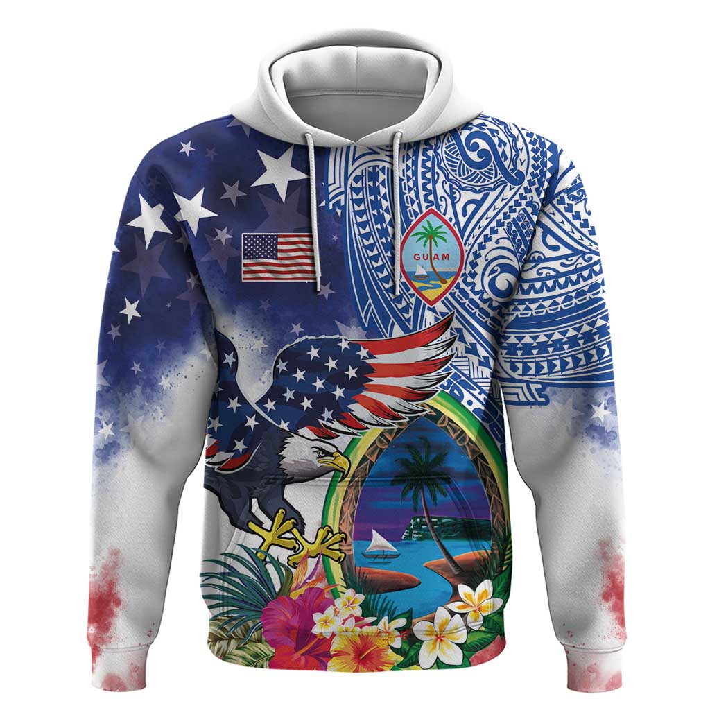Guam and United States Together Hoodie Bald Eagle and Guam Seal with Flower and Tribal Tattoos - Wonder Print Shop