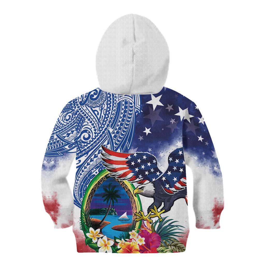 Guam and United States Together Kid Hoodie Bald Eagle and Guam Seal with Flower and Tribal Tattoos - Wonder Print Shop
