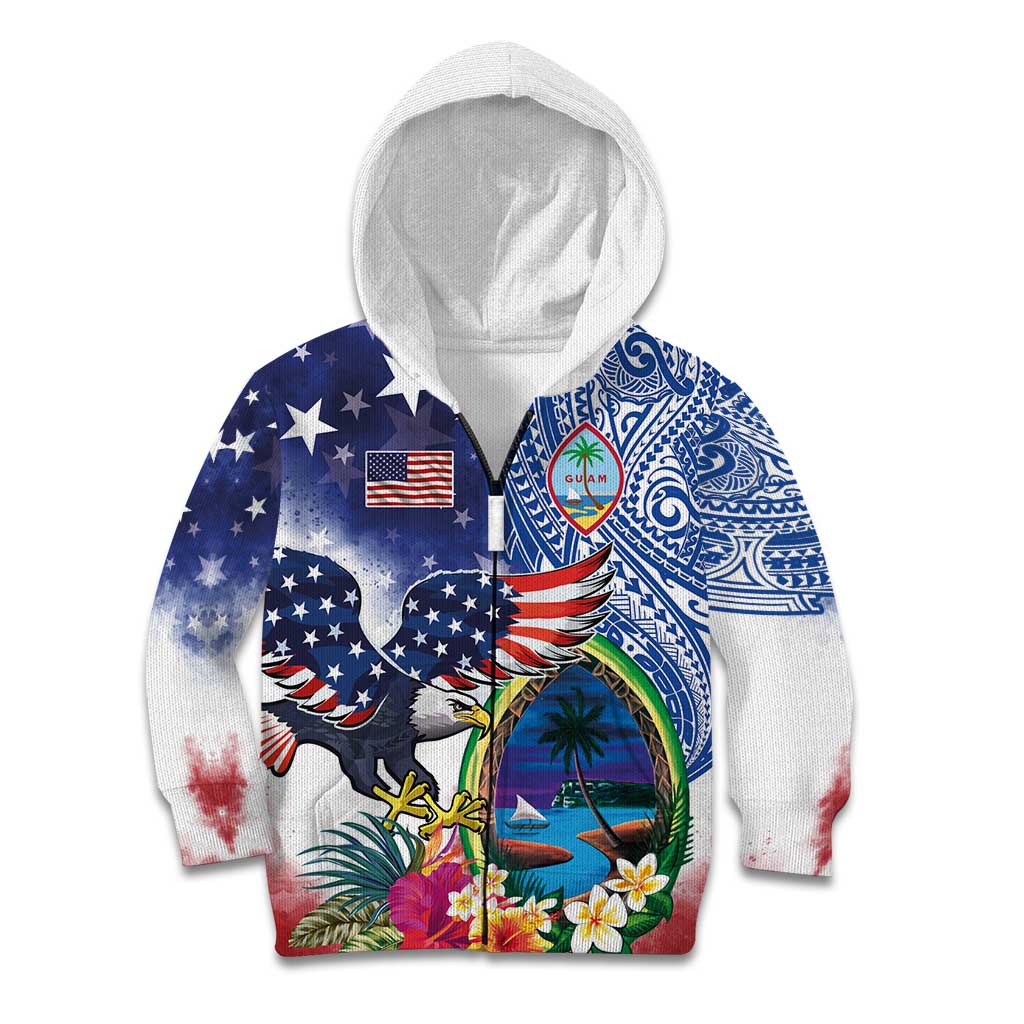 Guam and United States Together Kid Hoodie Bald Eagle and Guam Seal with Flower and Tribal Tattoos - Wonder Print Shop