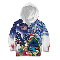 Guam and United States Together Kid Hoodie Bald Eagle and Guam Seal with Flower and Tribal Tattoos - Wonder Print Shop