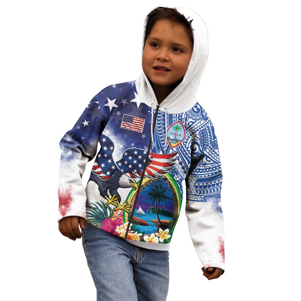 Guam and United States Together Kid Hoodie Bald Eagle and Guam Seal with Flower and Tribal Tattoos - Wonder Print Shop