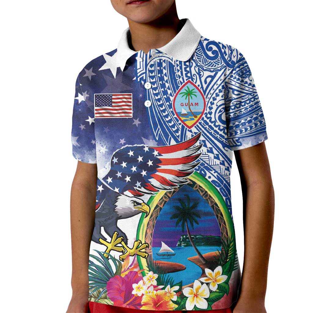 Guam and United States Together Kid Polo Shirt Bald Eagle and Guam Seal with Flower and Tribal Tattoos - Wonder Print Shop