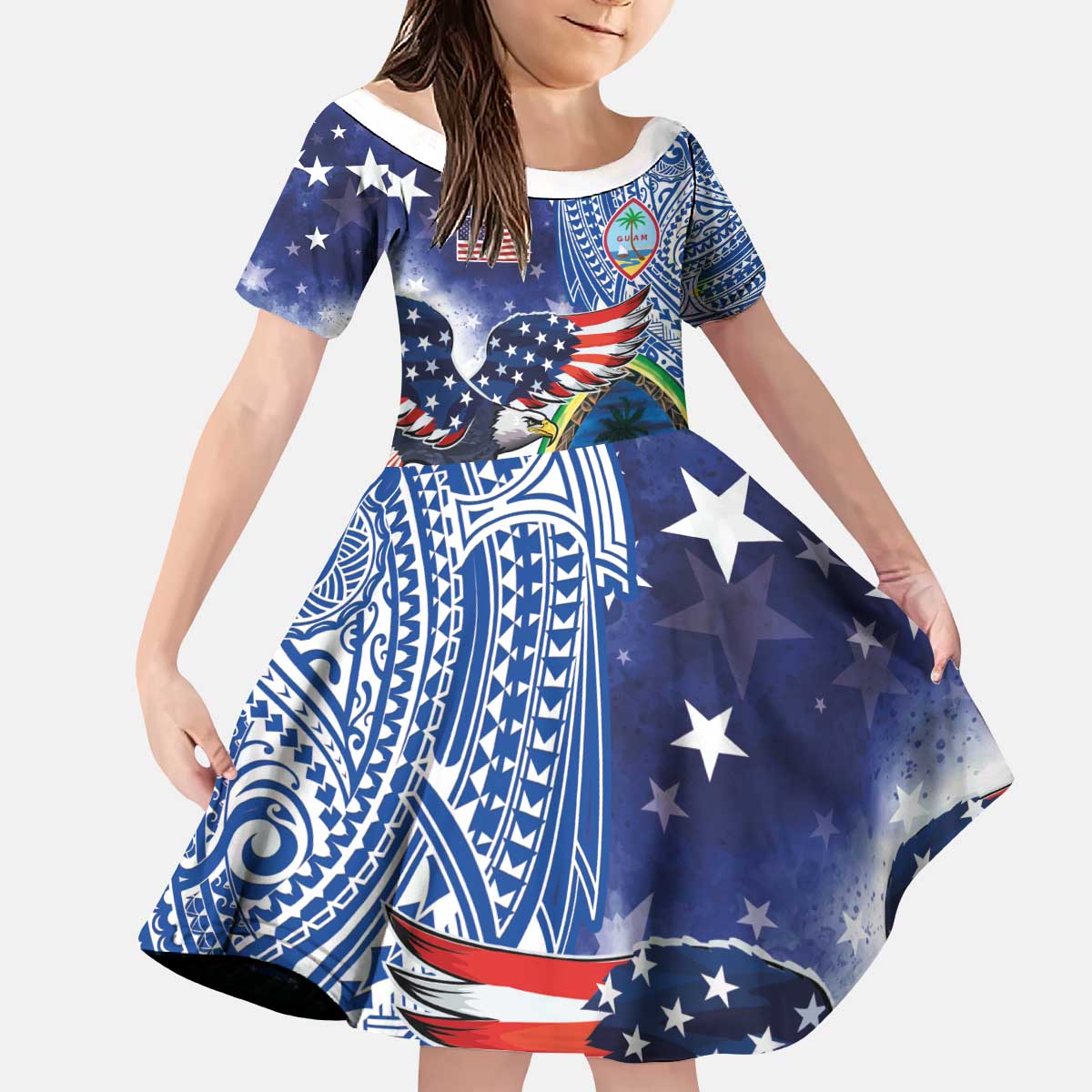 Guam and United States Together Kid Short Sleeve Dress Bald Eagle and Guam Seal with Flower and Tribal Tattoos - Wonder Print Shop