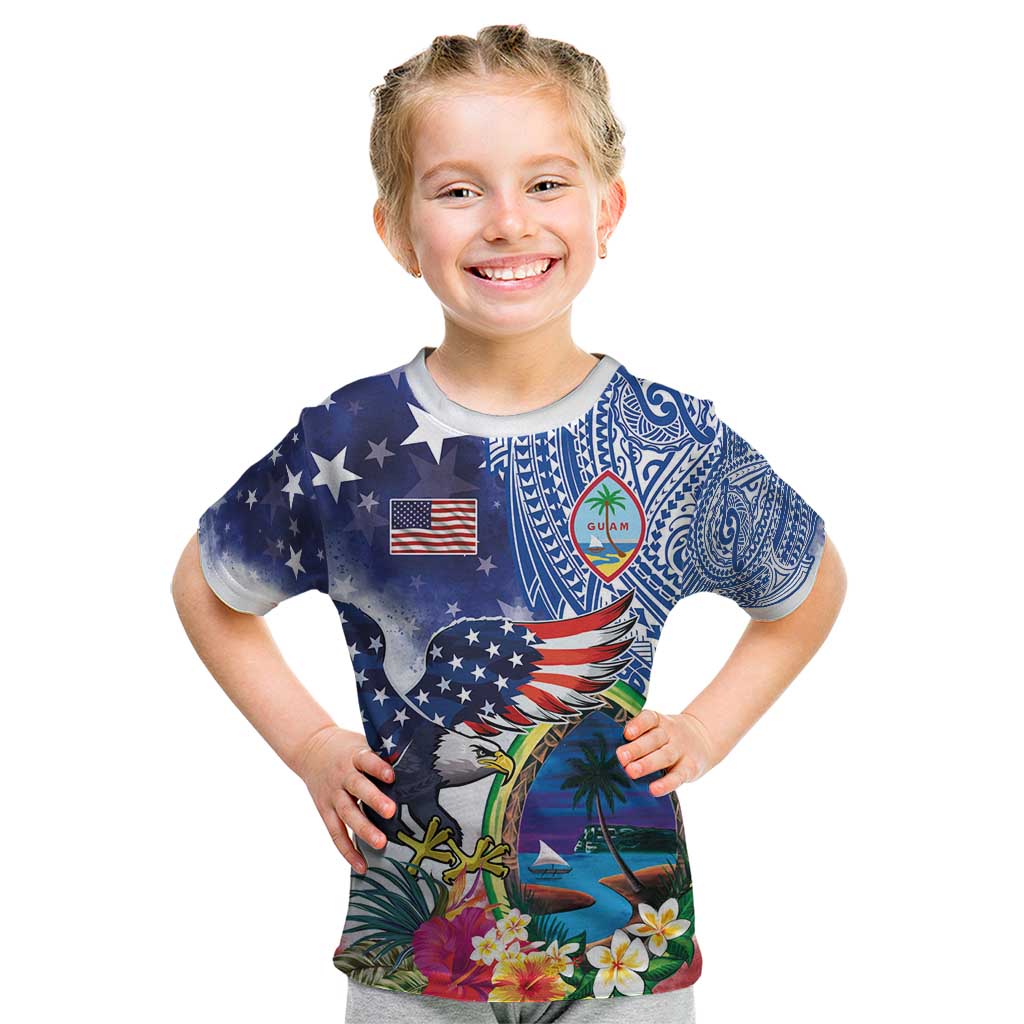Guam and United States Together Kid T Shirt Bald Eagle and Guam Seal with Flower and Tribal Tattoos - Wonder Print Shop