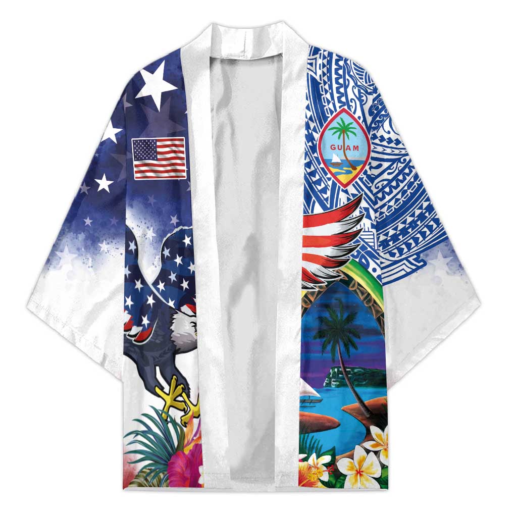 Guam and United States Together Kimono Bald Eagle and Guam Seal with Flower and Tribal Tattoos - Wonder Print Shop