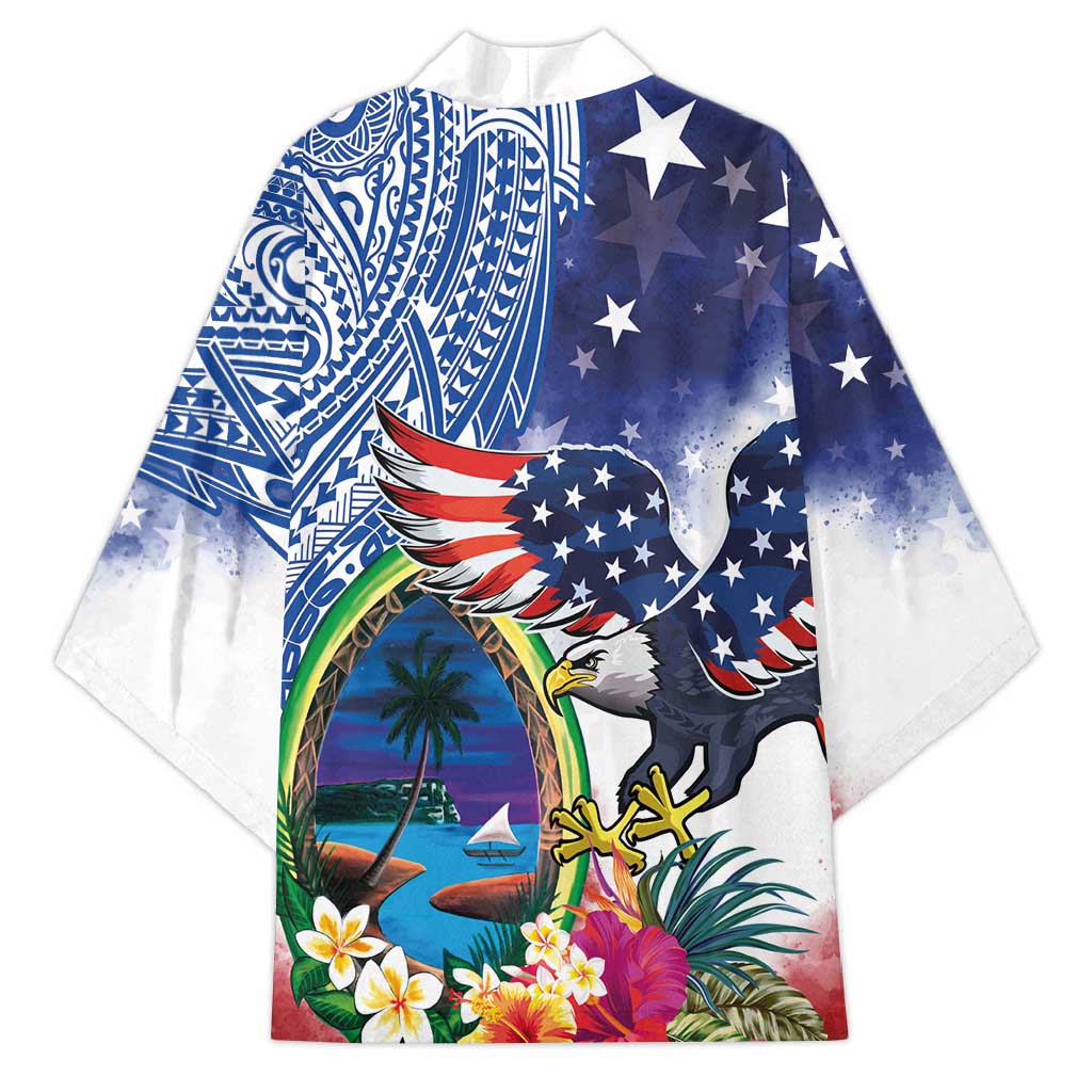 Guam and United States Together Kimono Bald Eagle and Guam Seal with Flower and Tribal Tattoos - Wonder Print Shop