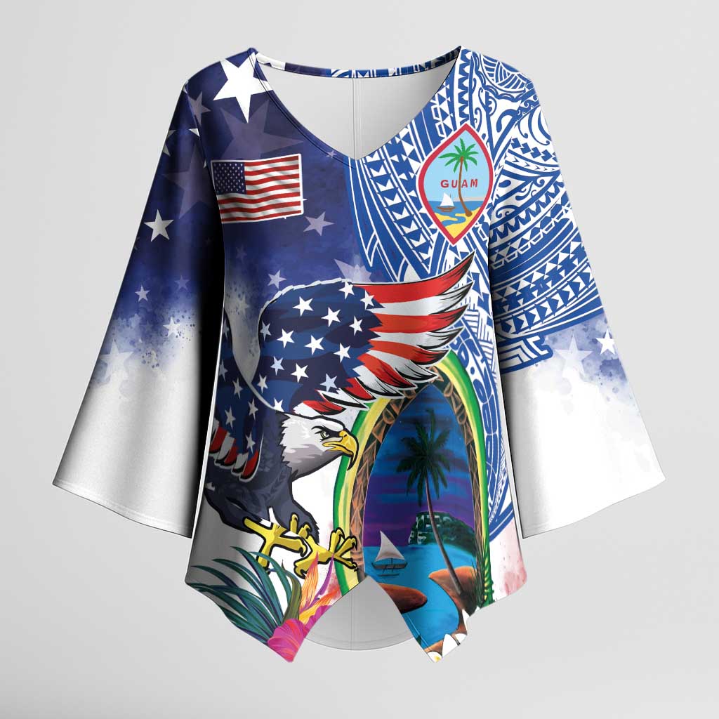 Guam and United States Together Kimono Sleeve Blouse Bald Eagle and Guam Seal with Flower and Tribal Tattoos - Wonder Print Shop