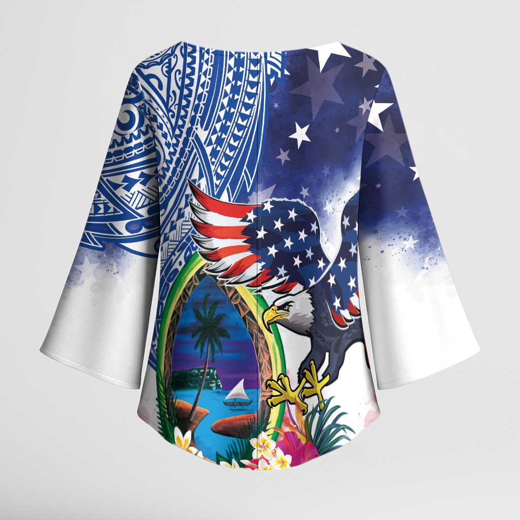 Guam and United States Together Kimono Sleeve Blouse Bald Eagle and Guam Seal with Flower and Tribal Tattoos - Wonder Print Shop