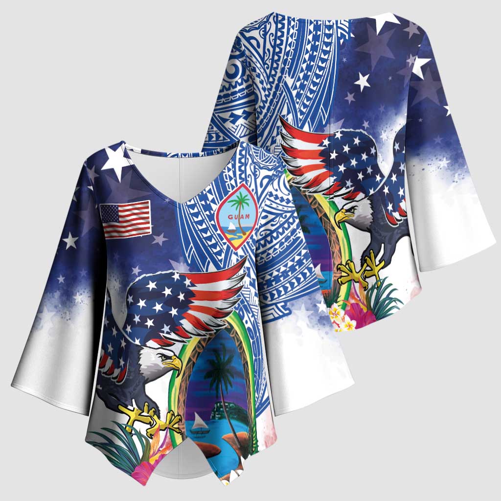 Guam and United States Together Kimono Sleeve Blouse Bald Eagle and Guam Seal with Flower and Tribal Tattoos - Wonder Print Shop
