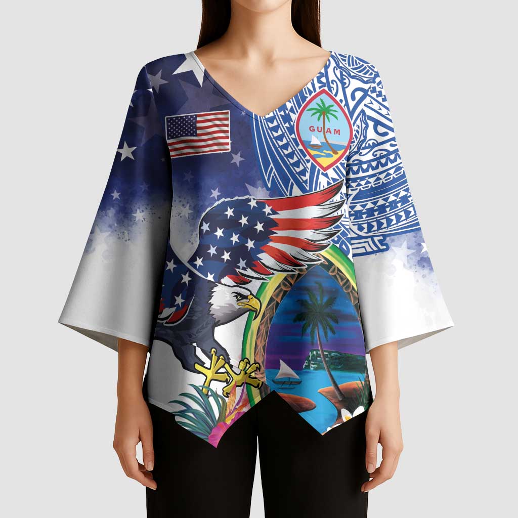 Guam and United States Together Kimono Sleeve Blouse Bald Eagle and Guam Seal with Flower and Tribal Tattoos - Wonder Print Shop