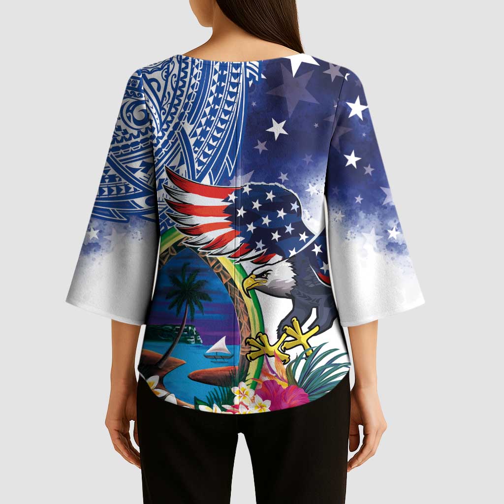 Guam and United States Together Kimono Sleeve Blouse Bald Eagle and Guam Seal with Flower and Tribal Tattoos - Wonder Print Shop