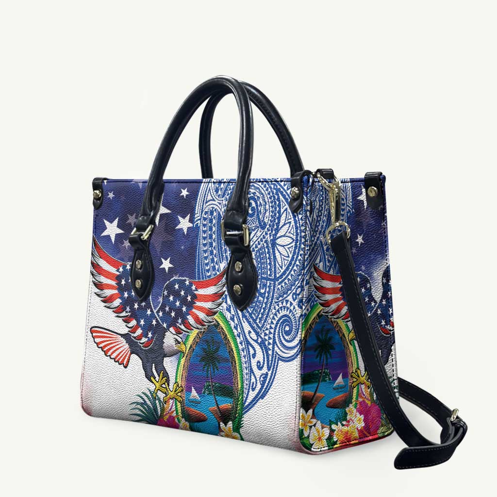 Guam and United States Together Leather Bag Bald Eagle and Guam Seal with Flower and Tribal Tattoos - Wonder Print Shop