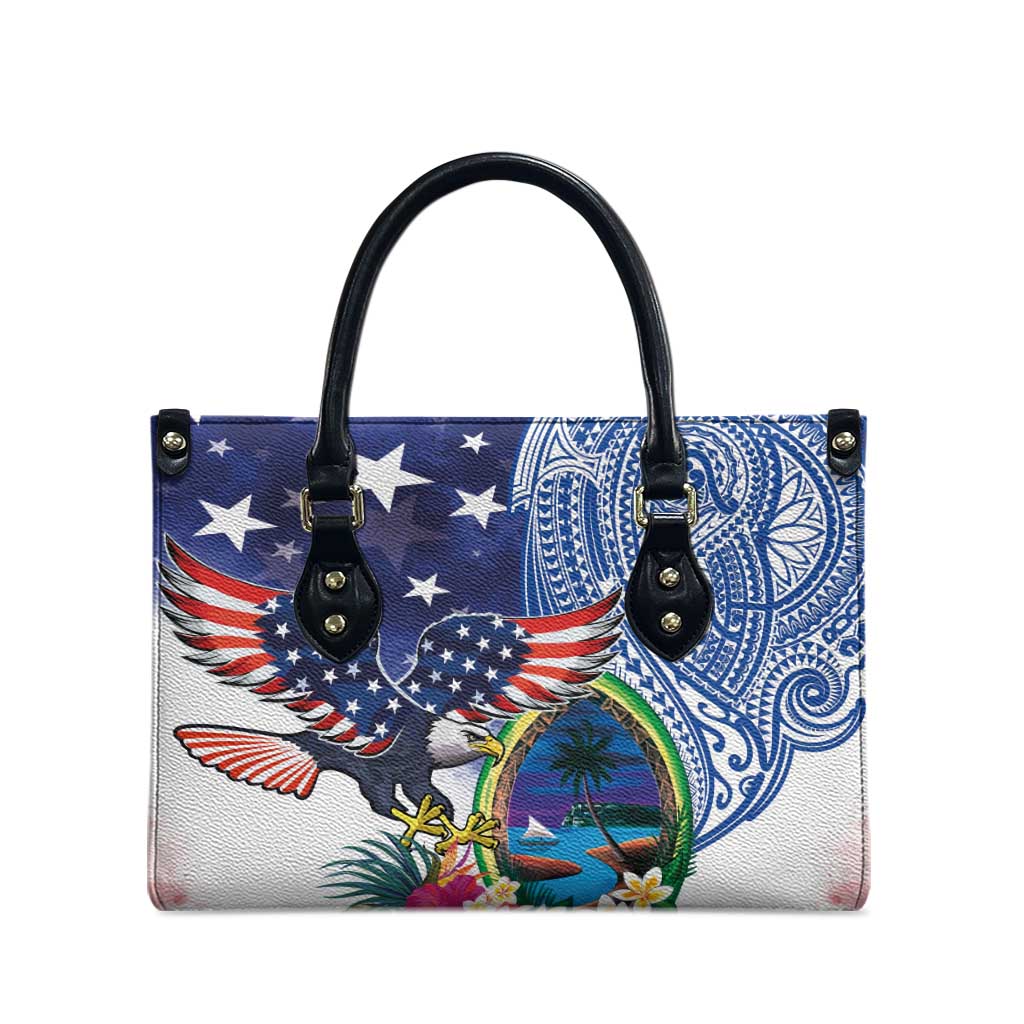 Guam and United States Together Leather Bag Bald Eagle and Guam Seal with Flower and Tribal Tattoos - Wonder Print Shop