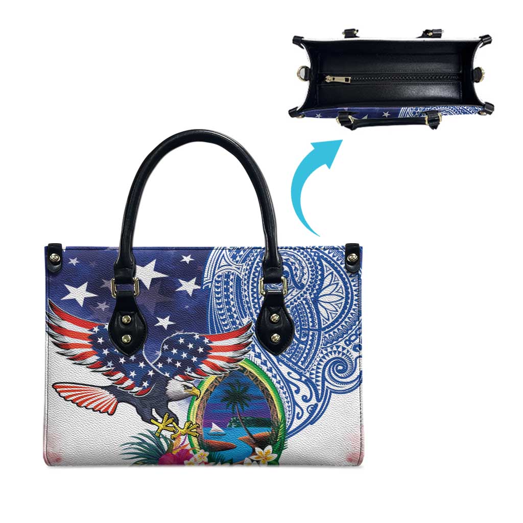 Guam and United States Together Leather Bag Bald Eagle and Guam Seal with Flower and Tribal Tattoos - Wonder Print Shop