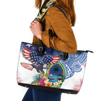 Guam and United States Together Leather Tote Bag Bald Eagle and Guam Seal with Flower and Tribal Tattoos - Wonder Print Shop