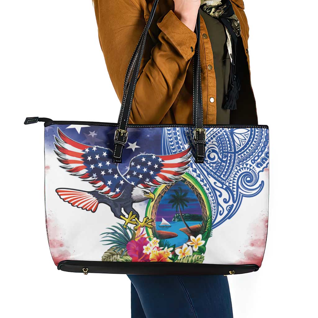 Guam and United States Together Leather Tote Bag Bald Eagle and Guam Seal with Flower and Tribal Tattoos - Wonder Print Shop