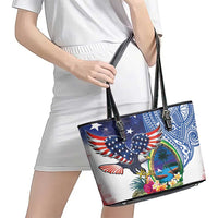 Guam and United States Together Leather Tote Bag Bald Eagle and Guam Seal with Flower and Tribal Tattoos - Wonder Print Shop