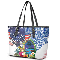 Guam and United States Together Leather Tote Bag Bald Eagle and Guam Seal with Flower and Tribal Tattoos - Wonder Print Shop