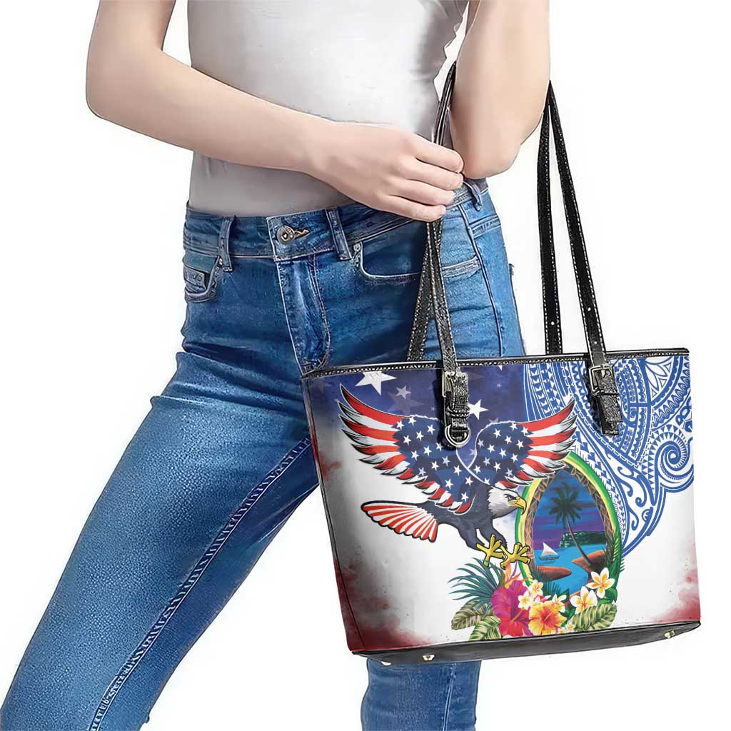 Guam and United States Together Leather Tote Bag Bald Eagle and Guam Seal with Flower and Tribal Tattoos - Wonder Print Shop