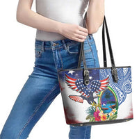 Guam and United States Together Leather Tote Bag Bald Eagle and Guam Seal with Flower and Tribal Tattoos - Wonder Print Shop