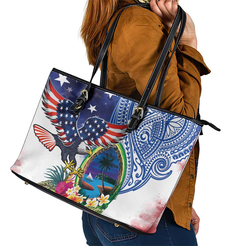 Guam and United States Together Leather Tote Bag Bald Eagle and Guam Seal with Flower and Tribal Tattoos - Wonder Print Shop