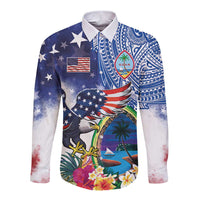 Guam and United States Together Long Sleeve Button Shirt Bald Eagle and Guam Seal with Flower and Tribal Tattoos - Wonder Print Shop