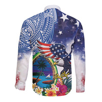 Guam and United States Together Long Sleeve Button Shirt Bald Eagle and Guam Seal with Flower and Tribal Tattoos - Wonder Print Shop